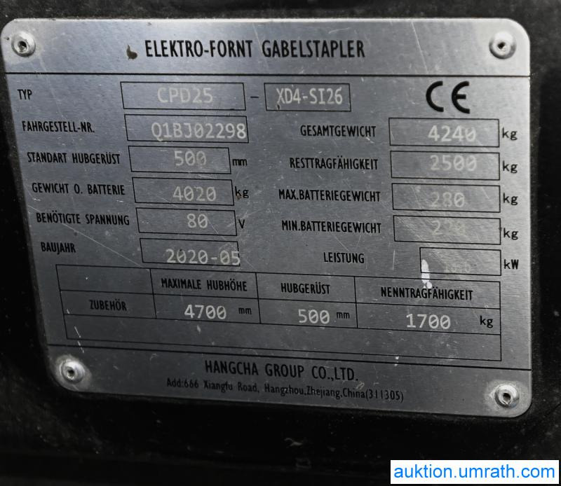 Elektrický vysokozdvižný vozík Hangcha Elektrostapler Gabelstapler Hangcha CPD 25 XD4 - S126 Lithium Ionen Akku Kabine Vollfreihub Triplexmast mit Seitenschieber: obrázek 23