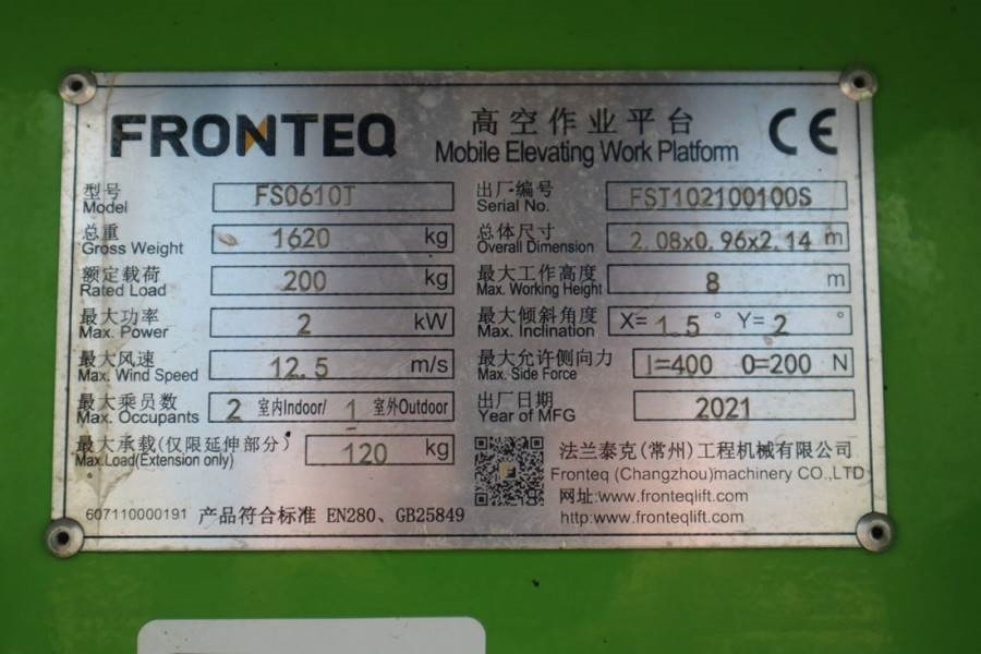 Fronteq FS0610T CE Declaration, 6.7m Working Heigh - Nůžková plošina: obrázek 3 Fronteq FS0610T CE Declaration, 6.7m Working Heigh - Nůžková plošina: obrázek 3