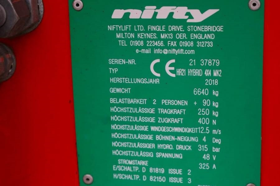 Kloubová plošina Niftylift HR21 HYBRIDE 4x4 MK2 Valid Inspection, Hybrid, 4x4: obrázek 6