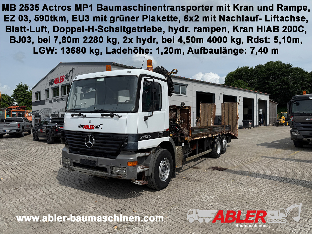 Mercedes-Benz 2535 Actros MP1 Baumaschinentransporter mit Kran und Rampen - Přepravník automobilů, Auto s hydraulickou rukou: obrázek 1 Mercedes-Benz 2535 Actros MP1 Baumaschinentransporter mit Kran und Rampen - Přepravník automobilů, Auto s hydraulickou rukou: obrázek 1