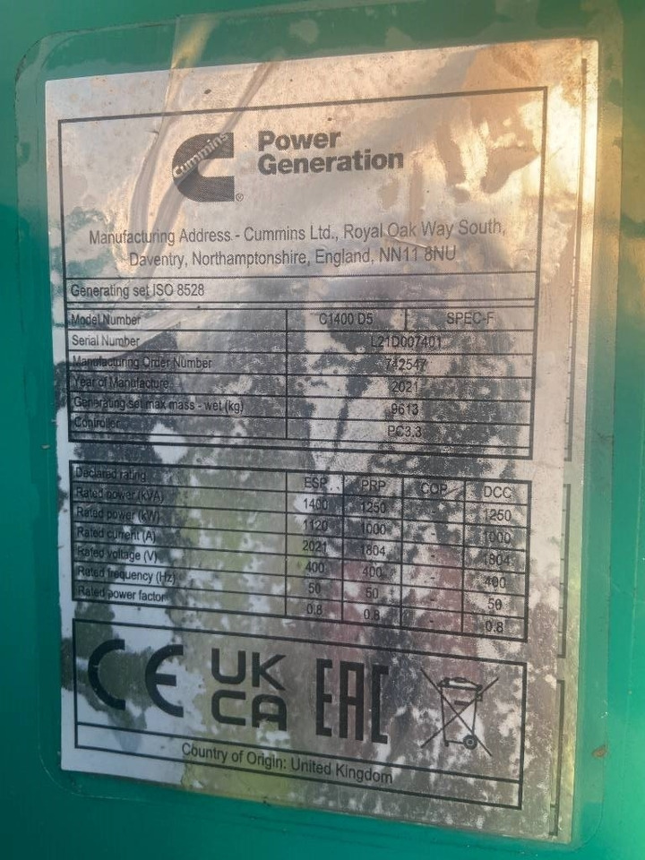 Cummins C1400D5 - 1.400 kVA Generator - DPX-18532-O - Elektrický generátor: obrázek 3 Cummins C1400D5 - 1.400 kVA Generator - DPX-18532-O - Elektrický generátor: obrázek 3