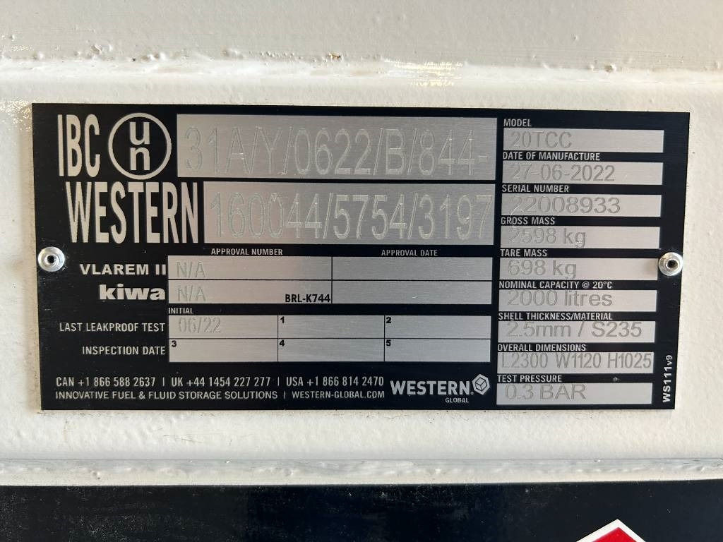 Western Global 20TCC - 2.000 Liter Diesel Tank - DPX-25083 - Skladovací nádrž: obrázek 4 Western Global 20TCC - 2.000 Liter Diesel Tank - DPX-25083 - Skladovací nádrž: obrázek 4
