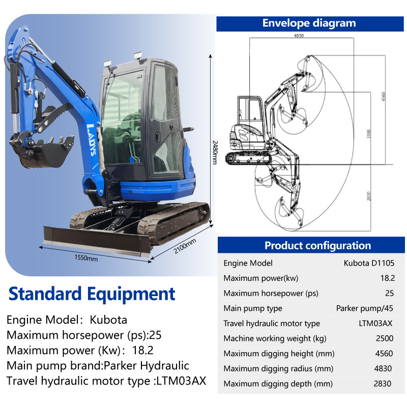 LADYS DY25U Mini Excavator CE Certification Kubota Engine(Factory Outlet) Mini Pelle Minibagger Minikoparka Miniexcavadora - Mini rýpadlo: obrázek 2 LADYS DY25U Mini Excavator CE Certification Kubota Engine(Factory Outlet) Mini Pelle Minibagger Minikoparka Miniexcavadora - Mini rýpadlo: obrázek 2