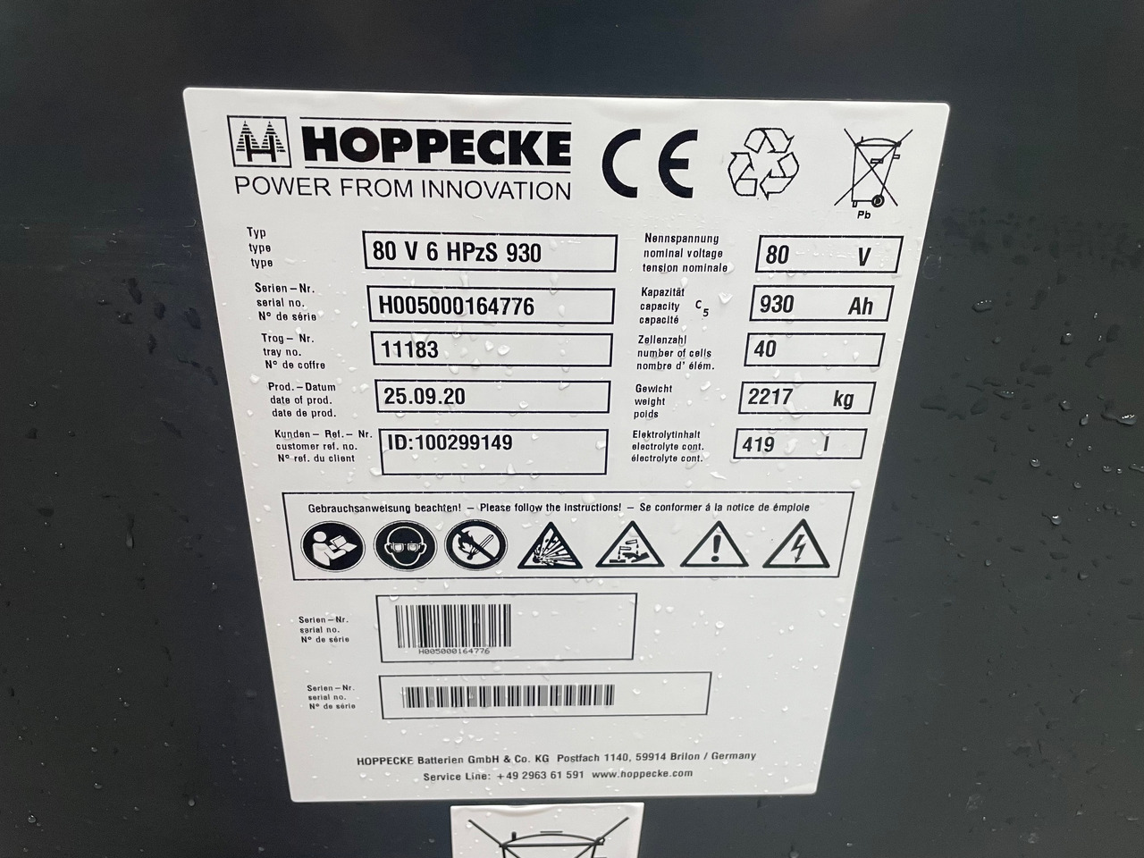 Hoppecke 80V 6 HPZS 930 - Akumulátor pro Manipulační technika: obrázek 2 Hoppecke 80V 6 HPZS 930 - Akumulátor pro Manipulační technika: obrázek 2