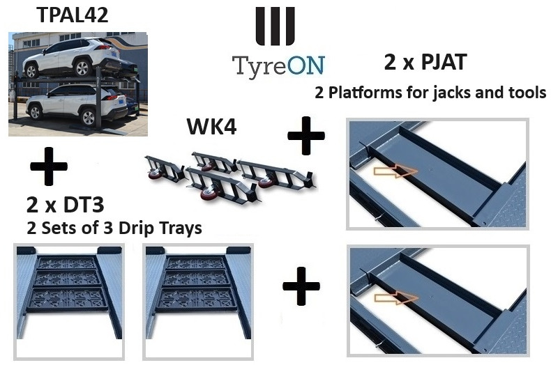 Vybavení garáže/ Dílny TPAL42 4 post double parklift 4200 kg + WK4 wheel kit + DT3 6 drip trays + PJAT 2 steel platforms for jack or tools: obrázek 1