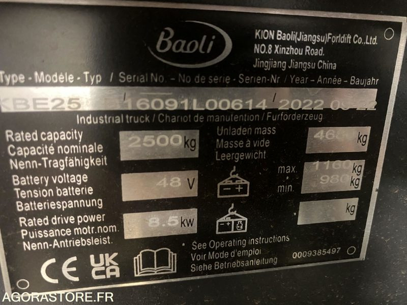 Chariot élévateur BAOLI KBE25N 2T5 ELECTRIQUE CABINE - Elektrický vysokozdvižný vozík: obrázek 4 Chariot élévateur BAOLI KBE25N 2T5 ELECTRIQUE CABINE - Elektrický vysokozdvižný vozík: obrázek 4
