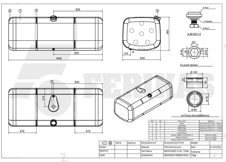 Nový Palivová nádrž pro Nákladní auto Mercedes-Benz New aluminum fuel tank 500L: obrázek 7