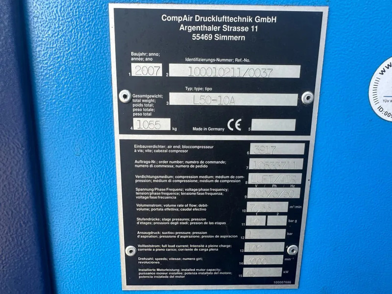 Compair L50 - 10A 45 kW 7.55 m3 / min 10 Bar Elektrische Schroefcompressor - Mobilní kompresor: obrázek 2 Compair L50 - 10A 45 kW 7.55 m3 / min 10 Bar Elektrische Schroefcompressor - Mobilní kompresor: obrázek 2