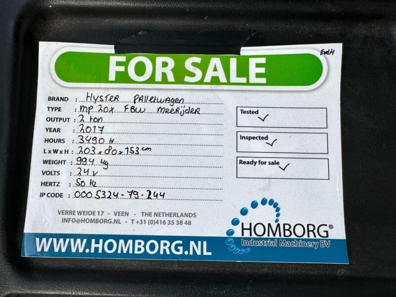 Paletový vozík Hyster MP20X FBW 2 ton Palletwagen Elektra Pallettruck Meerijder: obrázek 17