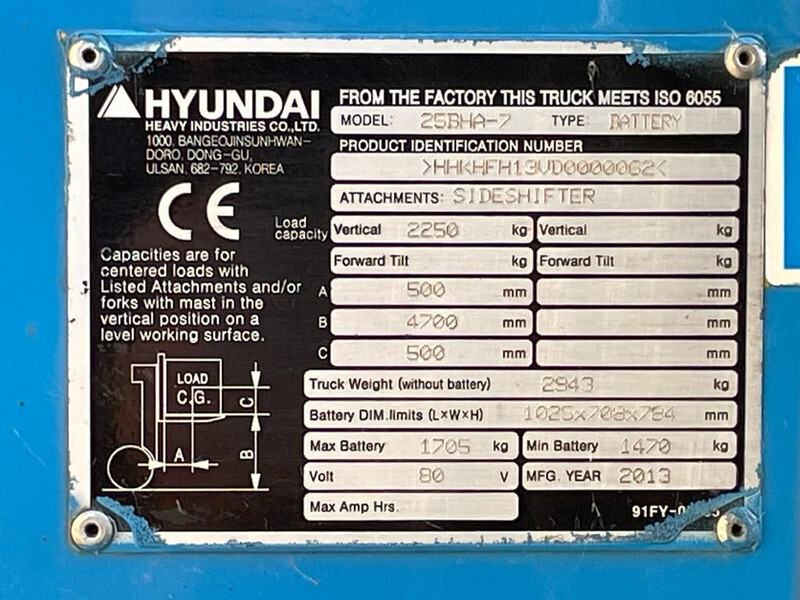 Hyundai 25BHA-7 2.5 ton Triplex Freelift Sideshift Elektra Heftruck - Elektrický vysokozdvižný vozík: obrázek 3 Hyundai 25BHA-7 2.5 ton Triplex Freelift Sideshift Elektra Heftruck - Elektrický vysokozdvižný vozík: obrázek 3