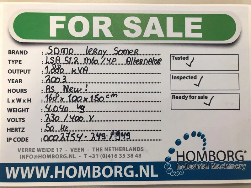 Elektrický generátor Leroy Somer SDMO 1880 kVA generatordeel SDMO 1880 kVA generatordeel op frame: obrázek 17 Elektrický generátor Leroy Somer SDMO 1880 kVA generatordeel SDMO 1880 kVA generatordeel op frame: obrázek 17