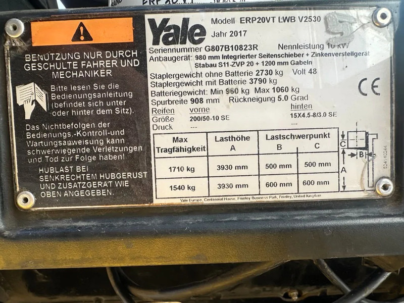 Yale ERP 20 VT 2 ton Duplex Sideshift Positioner Elektra Heftruck 2017 - Elektrický vysokozdvižný vozík: obrázek 3 Yale ERP 20 VT 2 ton Duplex Sideshift Positioner Elektra Heftruck 2017 - Elektrický vysokozdvižný vozík: obrázek 3