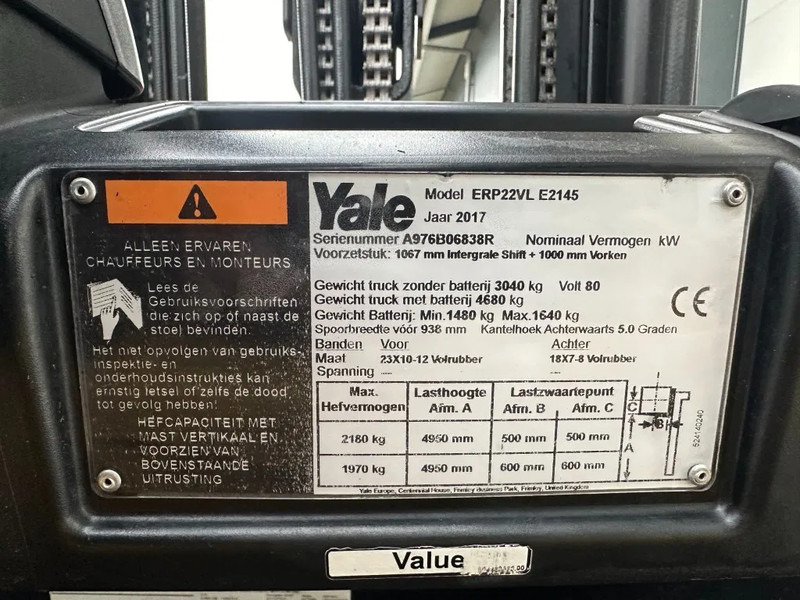 Yale ERP22VL 2.2 ton Triplex Freelift Sideshift Elektra Heftruck Accu 2022 - Elektrický vysokozdvižný vozík: obrázek 5 Yale ERP22VL 2.2 ton Triplex Freelift Sideshift Elektra Heftruck Accu 2022 - Elektrický vysokozdvižný vozík: obrázek 5