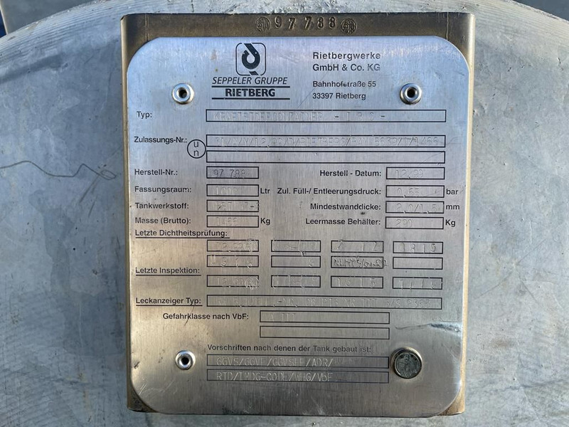 Dieseltank Rietberg 1000 liter Dieseltank Gegalvaniseerd IBC met keuring ! - Skladovací nádrž: obrázek 3 Dieseltank Rietberg 1000 liter Dieseltank Gegalvaniseerd IBC met keuring ! - Skladovací nádrž: obrázek 3