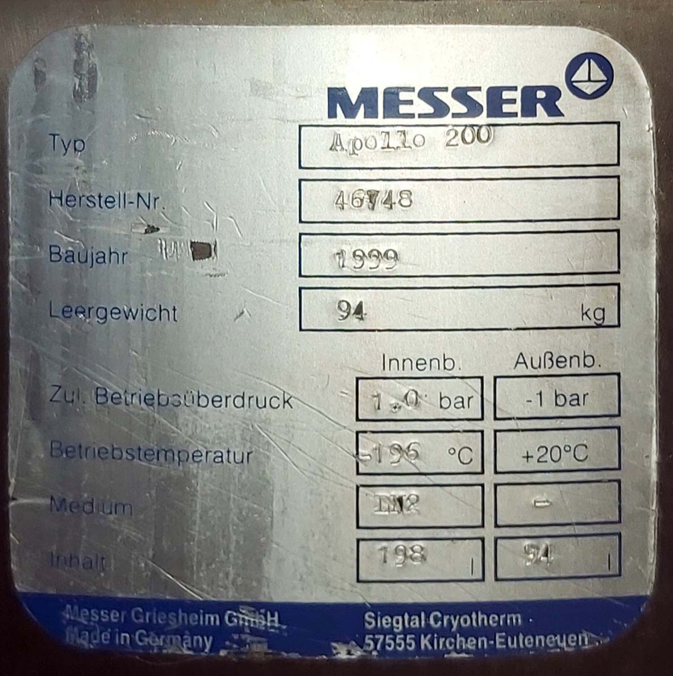 Cryotherm Apollo Dewar vessel cryogenic used for liquid nitrogen 200 liters - Skladovací nádrž: obrázek 3 Cryotherm Apollo Dewar vessel cryogenic used for liquid nitrogen 200 liters - Skladovací nádrž: obrázek 3